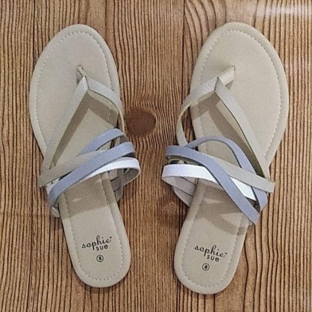 Size 8, Never Worn, Cute Summer Sandals. Beige, Grey, & White Straps